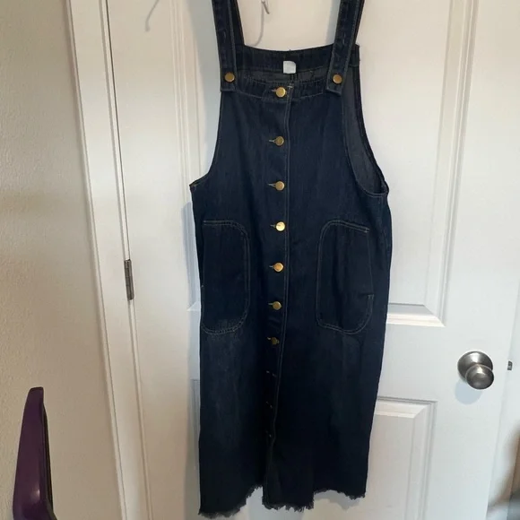 Dark Blue Denim Overall Jumper Dress with Buttons. - Picture 1 of 3